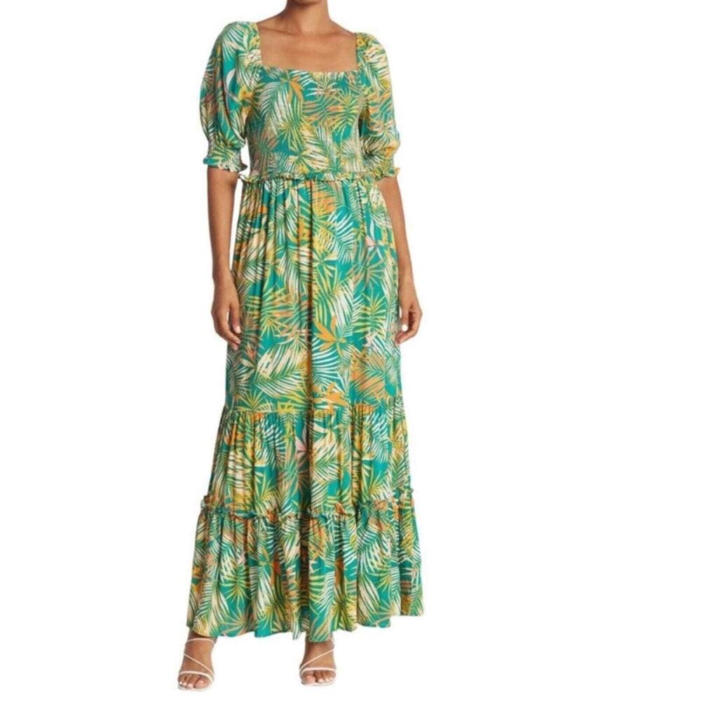 NWT Betsey Johnson Palm Leaf Print Tropical Smocked Ruffled Maxi Dress, Size L